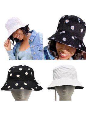 Alice + Olivia Reversible Daisy Bucket Hat Floral Y2K Summer Black White New